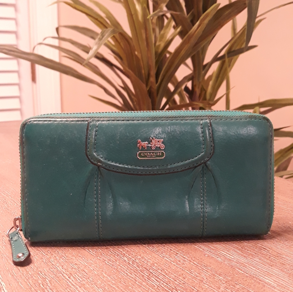 Coach Teal Leather Key Card Holder with Silver Hardware